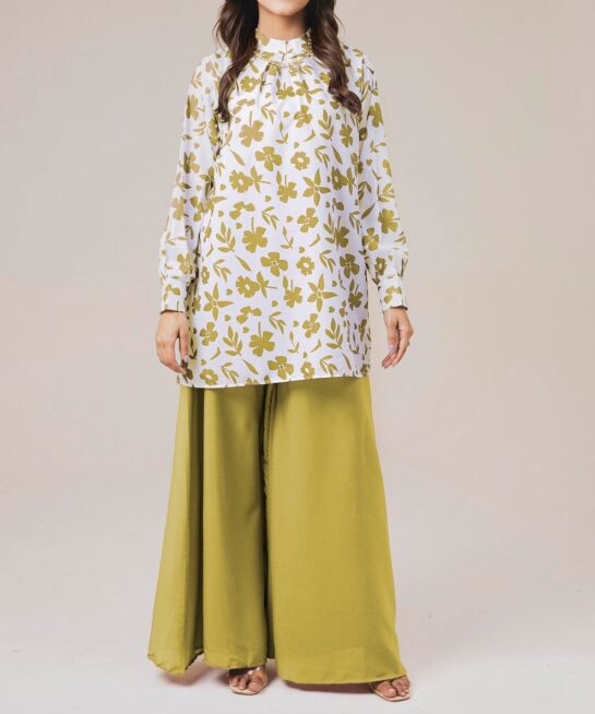 LUXE PRINTED SHIRT WITH PALAZZO – PARROT GREEN TWO-PIECE SUIT