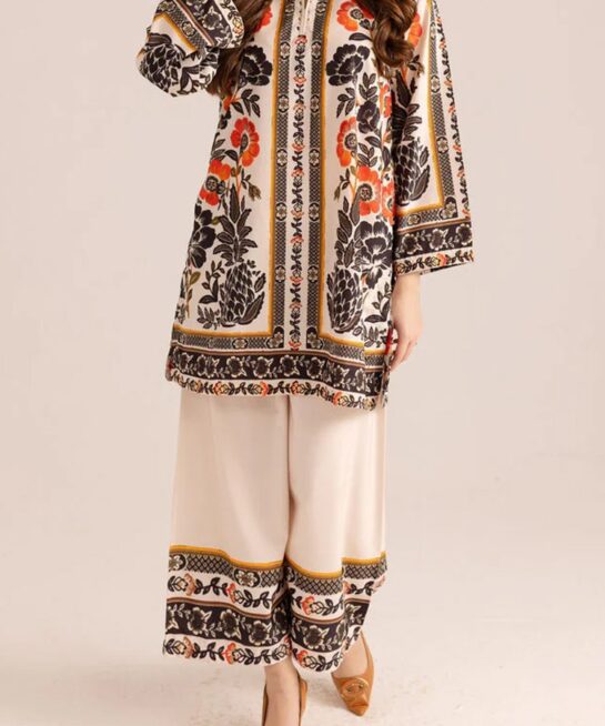 Printed 2 Piece Shirt & Trouser – Beige & Rust Floral Elegance