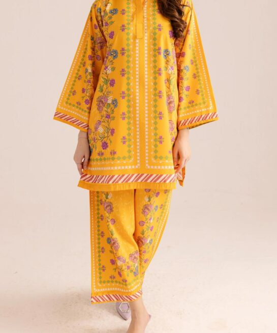 BRIGHT YELLOW PRINTED LAWN TWO-PIECE SUIT FOR WOMEN