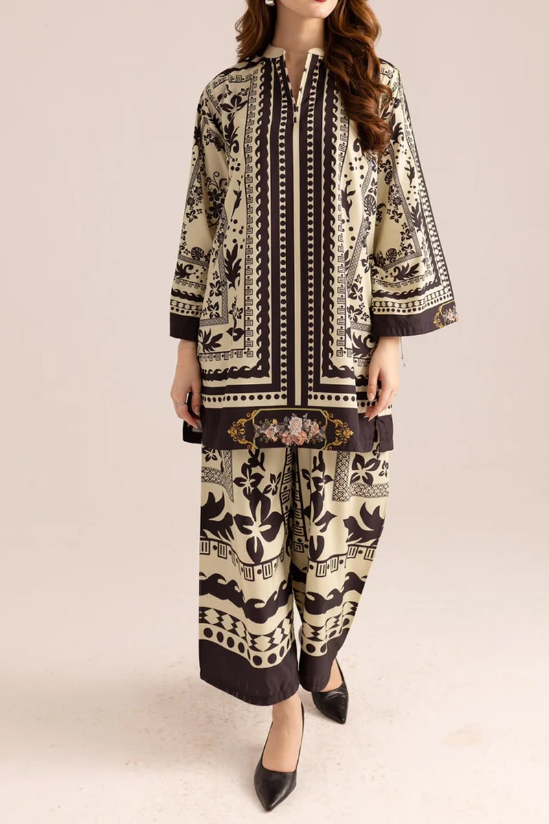CLASSIC BLACK & WHITE PRINTED LAWN TWO-PIECE SUIT FOR WOMEN